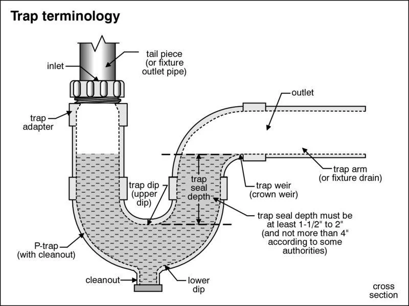 Bathtub drain trap assembly diagram showing p-trap and drain shoe connection